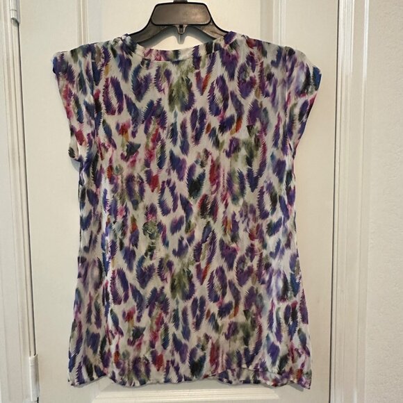 Cabi Womens Multicolor Feather Print V-Neck Short Sleeve Blouse S 100% Polyester - Picture 4 of 9